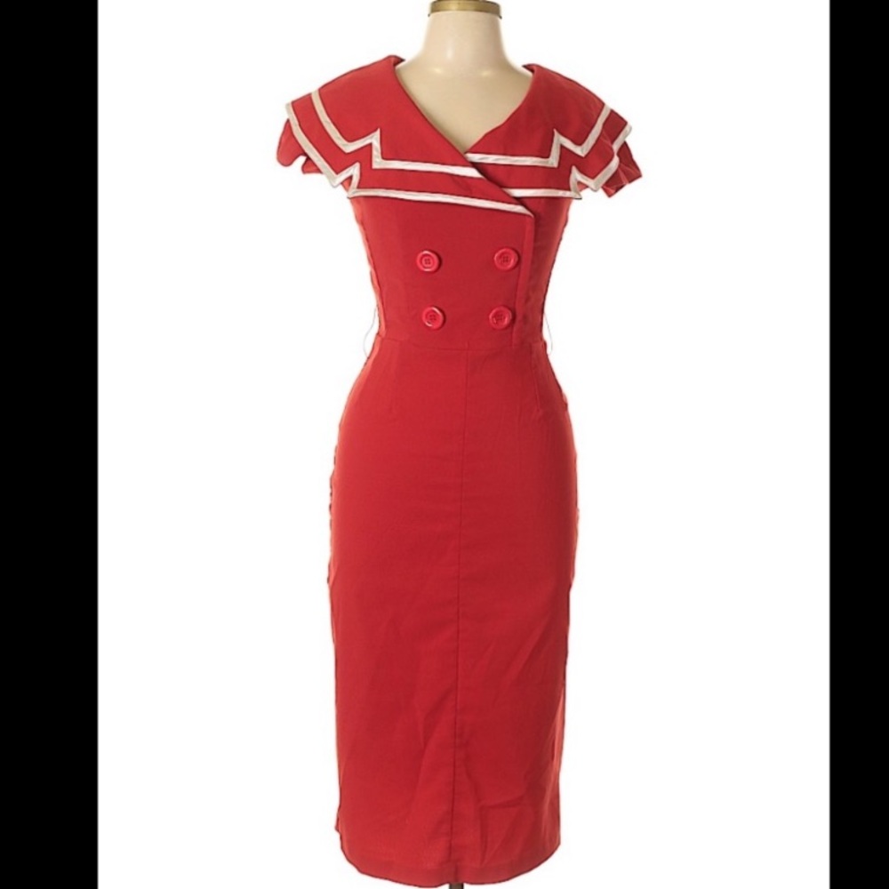 Tatyana Red Sailor-Style Sheath Dress with White Trim